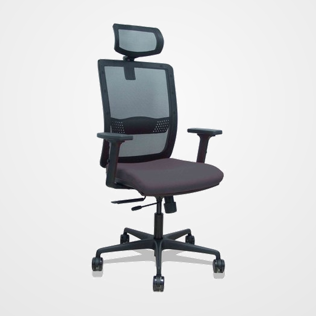 SILLA PIQUERAS Y CRESPO HACHES BRAZOS 2D Y CABECERO REGULABLES MECANISMO SINCRO con TRASLACK APOYO LUMBAR RESPALDO MALLA NEGRA Y ASIENTO TAPIZADO BALI GRIS OSCURO