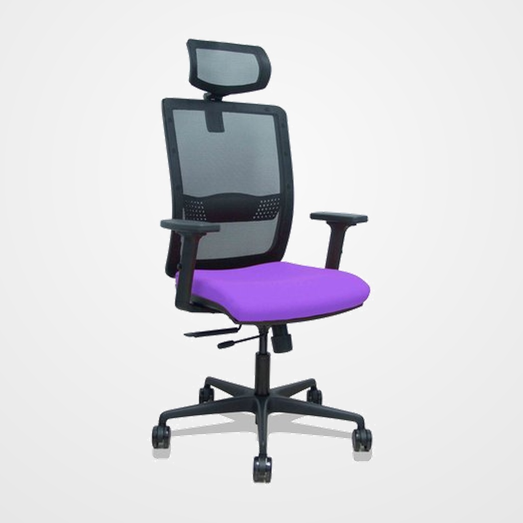 SILLA PIQUERAS Y CRESPO HACHES BRAZOS 2D Y CABECERO REGULABLES MECANISMO SINCRO con TRASLACK APOYO LUMBAR RESPALDO MALLA NEGRA Y ASIENTO TAPIZADO BALI LILA