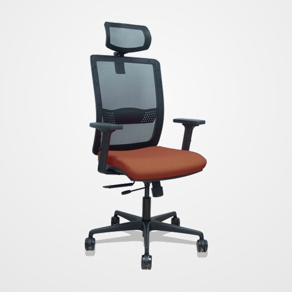 SILLA PIQUERAS Y CRESPO HACHES BRAZOS 2D Y CABECERO REGULABLES MECANISMO SINCRO con TRASLACK APOYO LUMBAR RESPALDO MALLA NEGRA Y ASIENTO TAPIZADO BALI MARRON
