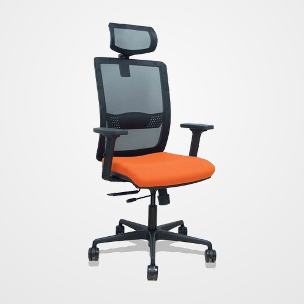 SILLA PIQUERAS Y CRESPO HACHES BRAZOS 2D Y CABECERO REGULABLES MECANISMO SINCRO con TRASLACK APOYO LUMBAR RESPALDO MALLA NEGRA Y ASIENTO TAPIZADO BALI NARANJA