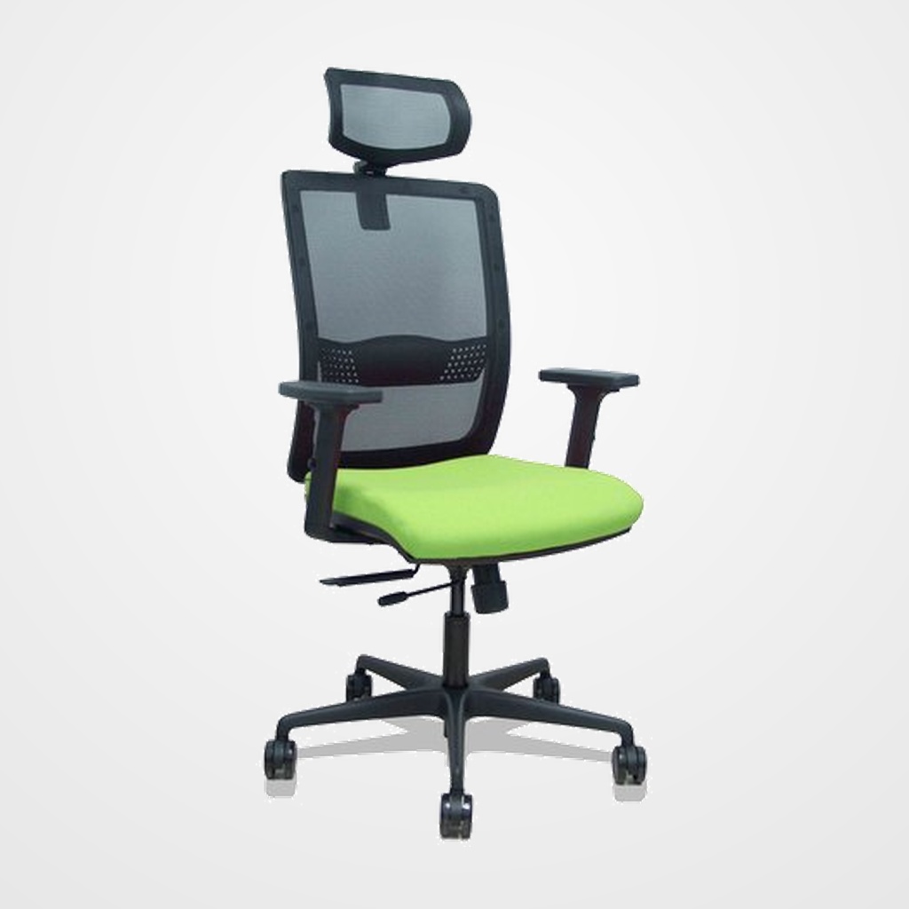 SILLA PIQUERAS Y CRESPO HACHES BRAZOS 2D Y CABECERO REGULABLES MECANISMO SINCRO con TRASLACK APOYO LUMBAR RESPALDO MALLA NEGRA Y ASIENTO TAPIZADO BALI PISTACHO