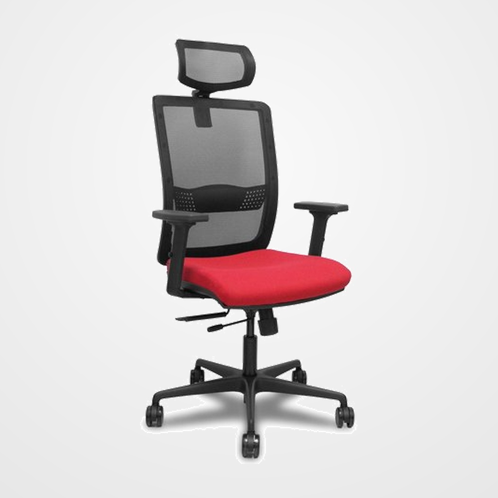 SILLA PIQUERAS Y CRESPO HACHES BRAZOS 2D Y CABECERO REGULABLES MECANISMO SINCRO con TRASLACK APOYO LUMBAR RESPALDO MALLA NEGRA Y ASIENTO TAPIZADO BALI ROJO