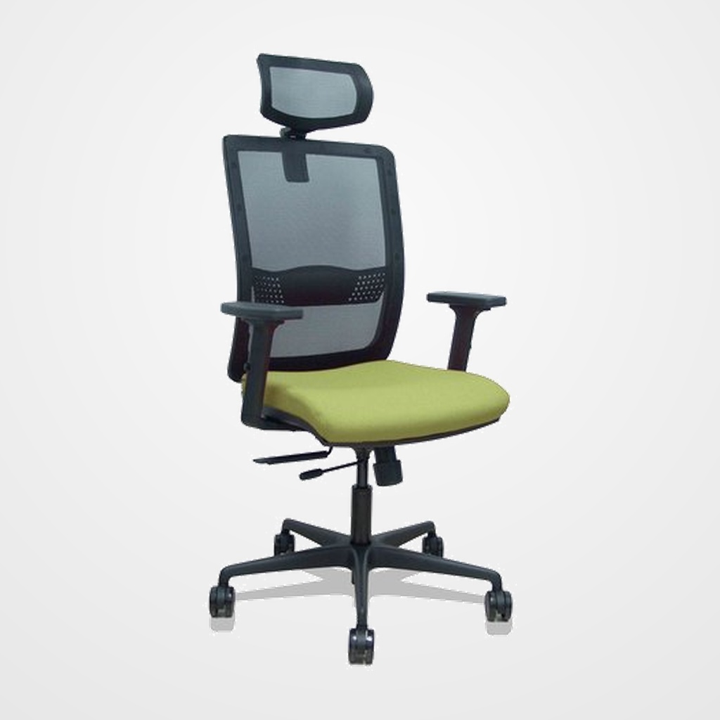 SILLA PIQUERAS Y CRESPO HACHES BRAZOS 2D Y CABECERO REGULABLES MECANISMO SINCRO con TRASLACK APOYO LUMBAR RESPALDO MALLA NEGRA Y ASIENTO TAPIZADO BALI VERDE OLIVA