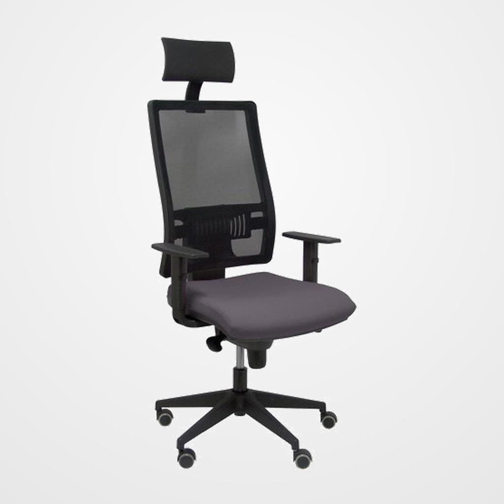 SILLA PIQUERAS Y CRESPO HORNA BRAZOS REGULABLES CABECERO INCLUIDO MECANISMO SINCRO APOYO LUMBAR RESPALDO MALLA TRANSPIRABLE Y ASIENTO TAPIZADO BALI GRIS OSCURO