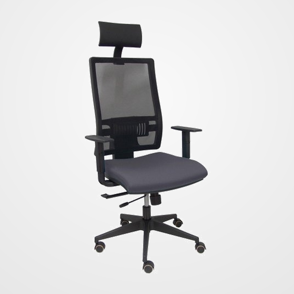 SILLA PIQUERAS Y CRESPO HORNA BRAZOS REGULABLES CABECERO INCLUIDO MECANISMO TRASLACK APOYO LUMBAR RESPALDO MALLA TRANSPIRABLE Y ASIENTO TAPIZADO BALI GRIS OSCURO