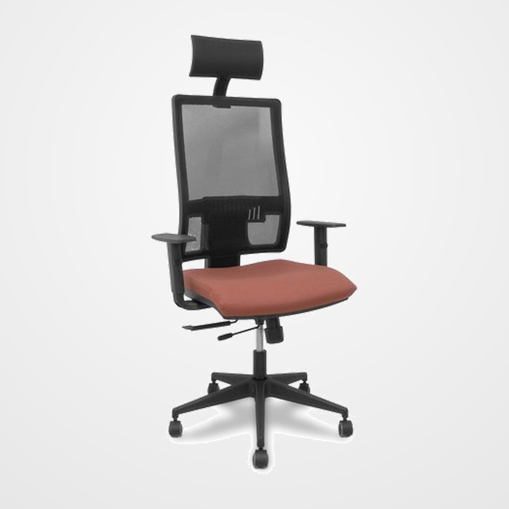 SILLA PIQUERAS Y CRESPO HORNA BRAZOS REGULABLES CABECERO INCLUIDO MECANISMO TRASLACK APOYO LUMBAR RESPALDO MALLA TRANSPIRABLE Y ASIENTO TAPIZADO BALI MARRON