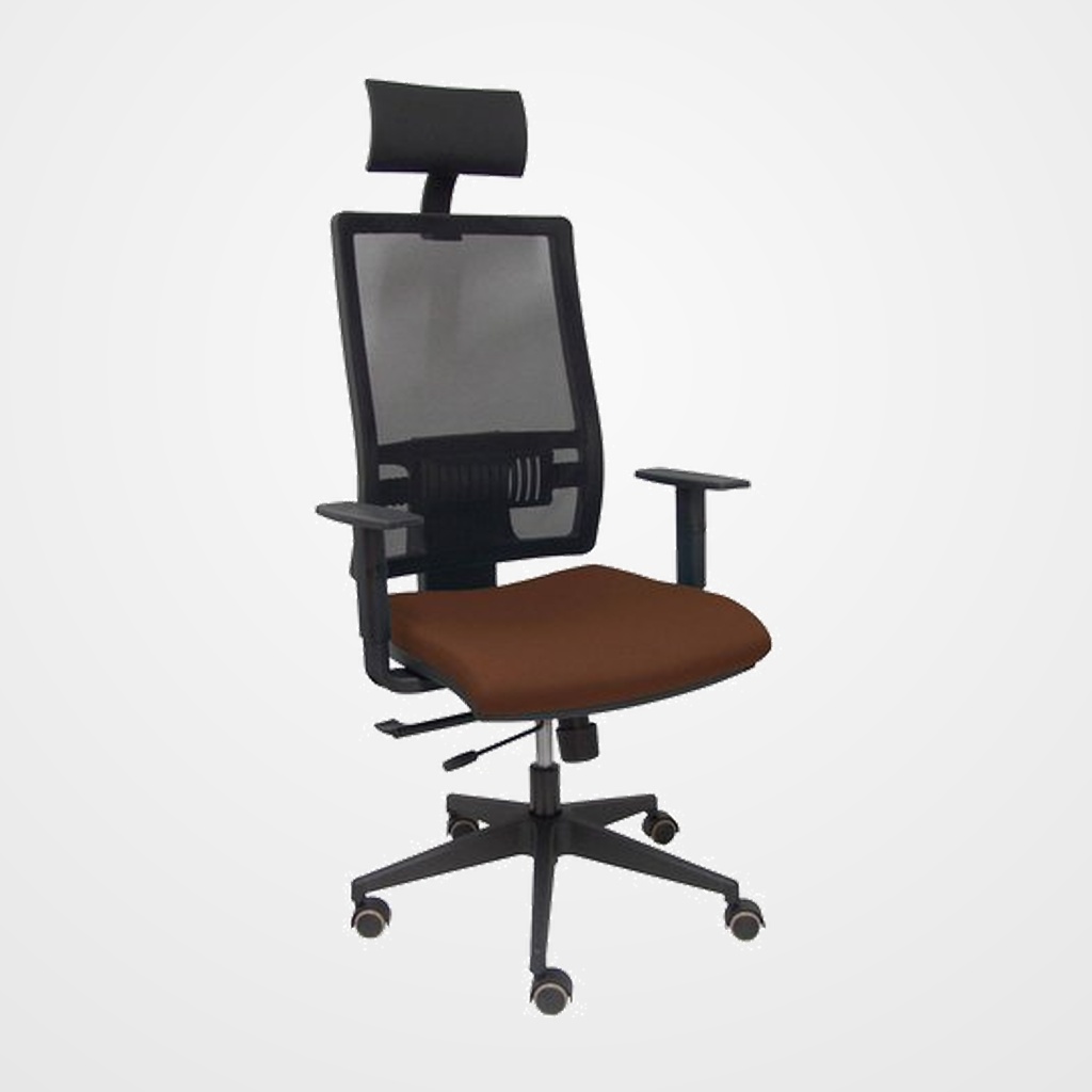 SILLA PIQUERAS Y CRESPO HORNA BRAZOS REGULABLES CABECERO INCLUIDO MECANISMO TRASLACK APOYO LUMBAR RESPALDO MALLA TRANSPIRABLE Y ASIENTO TAPIZADO BALI MARRON OSCURO