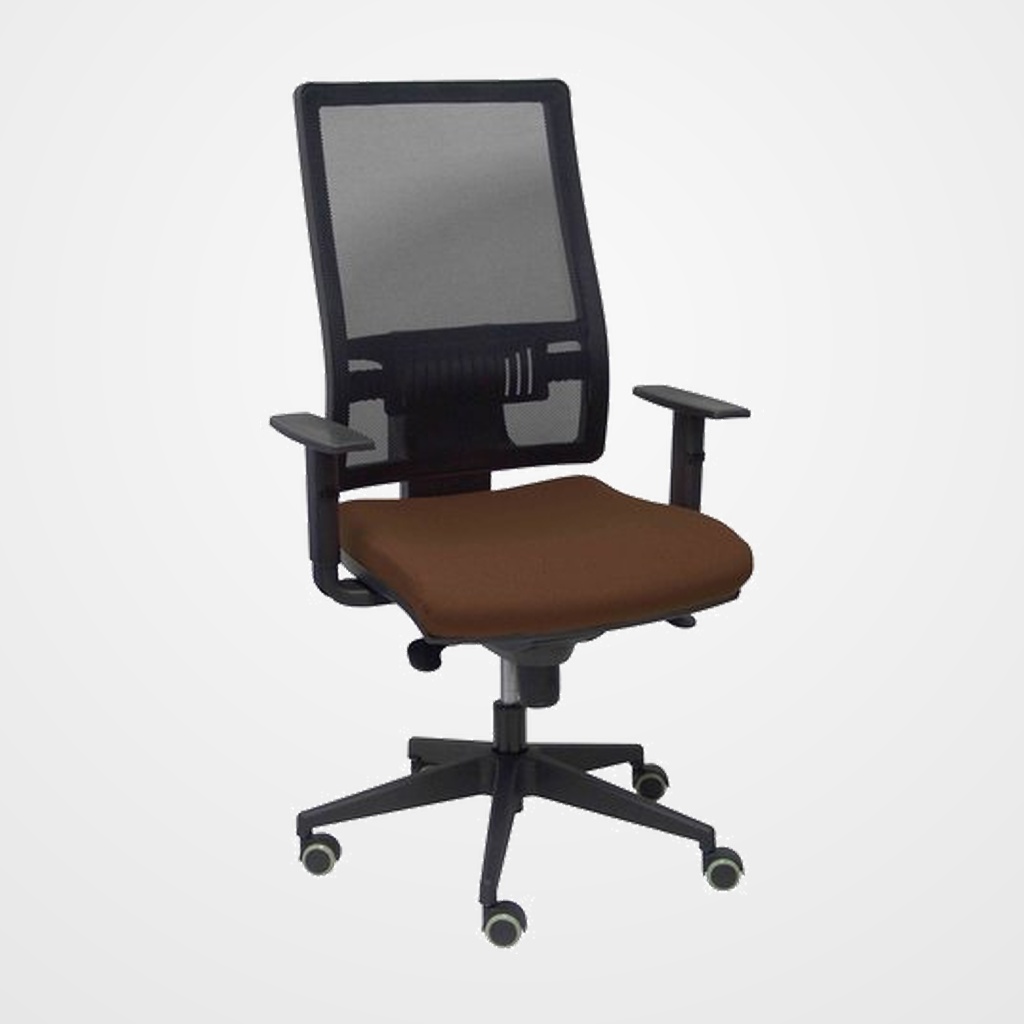 SILLA PIQUERAS Y CRESPO HORNA BRAZOS REGULABLES MECANISMO SINCRO ALTURA Y APOYO LUMBAR REGULABLE RUEDA PARQUET RESPALDO MALLA NEGRA TRANSPIRABLE Y ASIENTO TAPIZADO BALI MARRON OSCURO