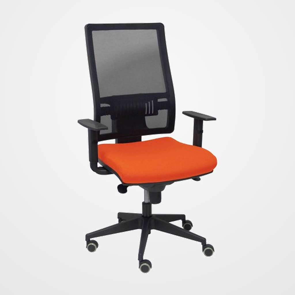 SILLA PIQUERAS Y CRESPO HORNA BRAZOS REGULABLES MECANISMO SINCRO ALTURA Y APOYO LUMBAR REGULABLE RUEDA PARQUET RESPALDO MALLA NEGRA TRANSPIRABLE Y ASIENTO TAPIZADO BALI NARANJA OSCURO