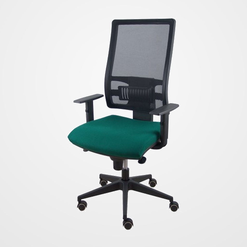 SILLA PIQUERAS Y CRESPO HORNA BRAZOS REGULABLES MECANISMO SINCRO ALTURA Y APOYO LUMBAR REGULABLE RUEDA PARQUET RESPALDO MALLA NEGRA TRANSPIRABLE Y ASIENTO TAPIZADO BALI VERDE BOTELLA