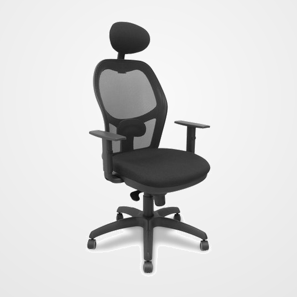 SILLA PIQUERAS Y CRESPO JORQUERA BRAZOS REGULABLES Y CABECERO FIJO MECANISMO SINCRO RUEDAS PARQUET RESPALDO DE MALLA NEGRA Y ASIENTO TAPIZADO BALI NEGRO