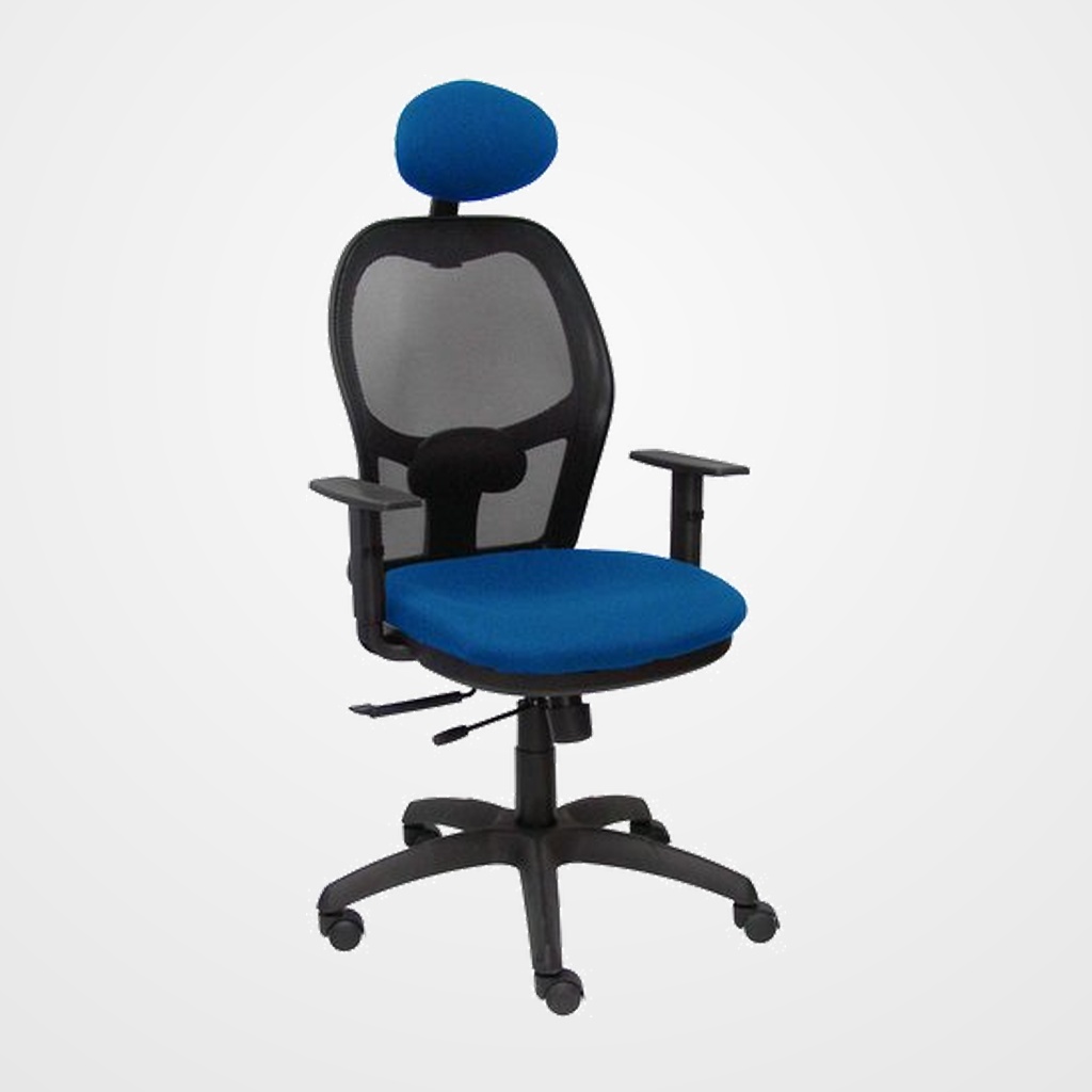 SILLA PIQUERAS Y CRESPO JORQUERA BRAZOS Y CABECERO REGULABLES MECANISMO SINCRO CON TRASLACK RUEDAS NYLON RESPALDO DE MALLA NEGRA Y ASIENTO TAPIZADO BALI AZUL