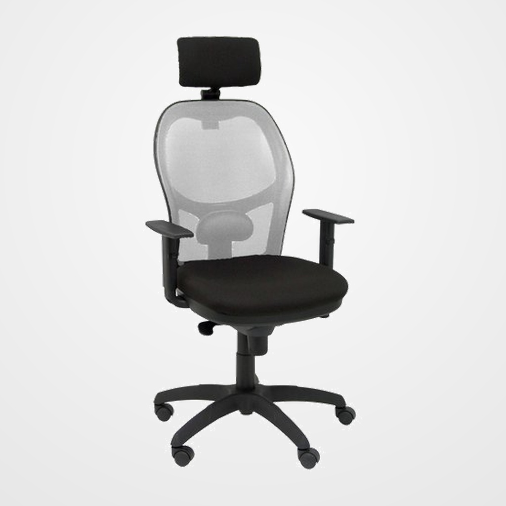 SILLA PIQUERAS Y CRESPO JORQUERA BRAZOS Y CABECERO REGULABLES MECANISMO SINCRO RUEDAS NYLON RESPALDO DE MALLA GRIS Y ASIENTO TAPIZADO BALI NEGRO