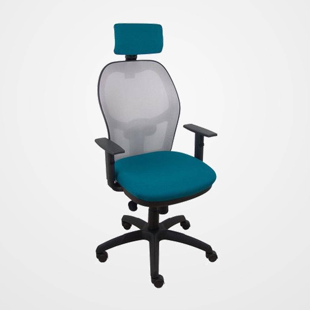 SILLA PIQUERAS Y CRESPO JORQUERA BRAZOS Y CABECERO REGULABLES MECANISMO SINCRO RUEDAS NYLON RESPALDO DE MALLA GRIS Y ASIENTO TAPIZADO BALI VERDE PETROLEO