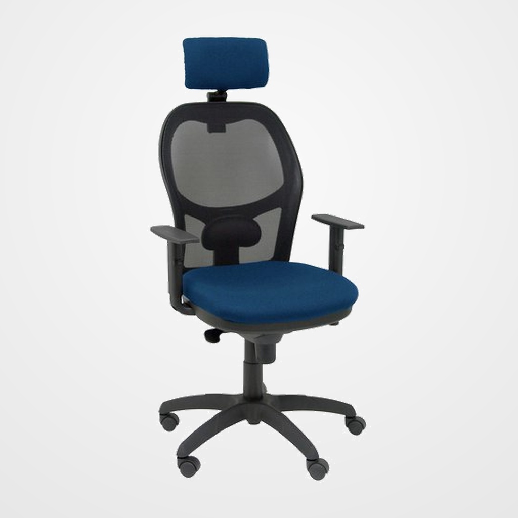 SILLA PIQUERAS Y CRESPO JORQUERA BRAZOS Y CABECERO REGULABLES MECANISMO SINCRO RUEDAS NYLON RESPALDO DE MALLA NEGRA Y ASIENTO TAPIZADO BALI AZUL MARINO