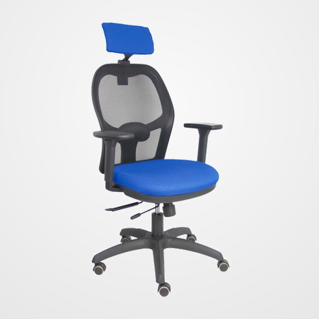 SILLA PIQUERAS Y CRESPO JORQUERA BRAZOS 3D Y CABECERO REGULABLES MECANISMO SINCRO CON TRASLACK RUEDAS PARQUET RESPALDO DE MALLA NEGRA Y ASIENTO TAPIZADO BALI AZUL