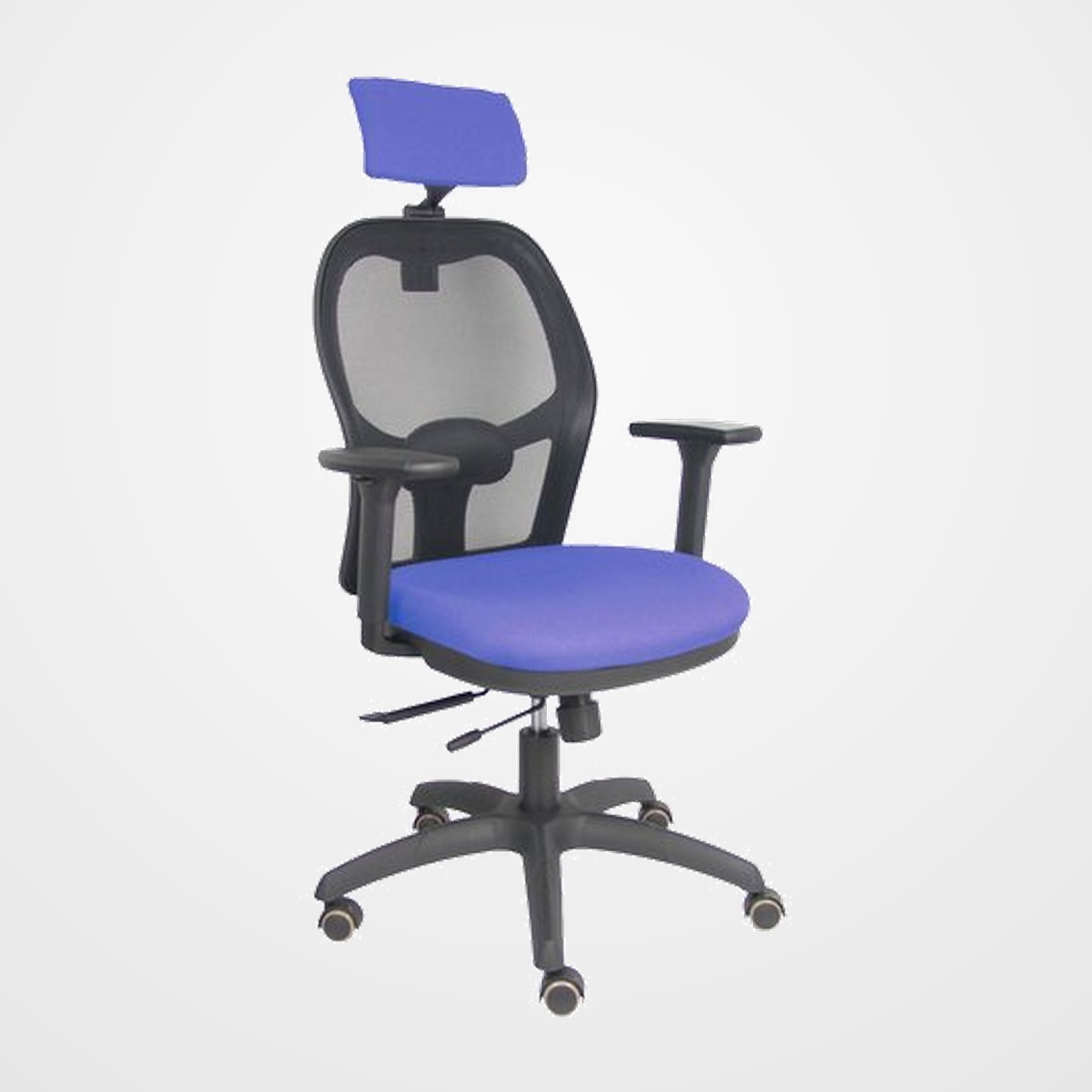 SILLA PIQUERAS Y CRESPO JORQUERA BRAZOS 3D Y CABECERO REGULABLES MECANISMO SINCRO CON TRASLACK RUEDAS PARQUET RESPALDO DE MALLA NEGRA Y ASIENTO TAPIZADO BALI AZUL CLARO