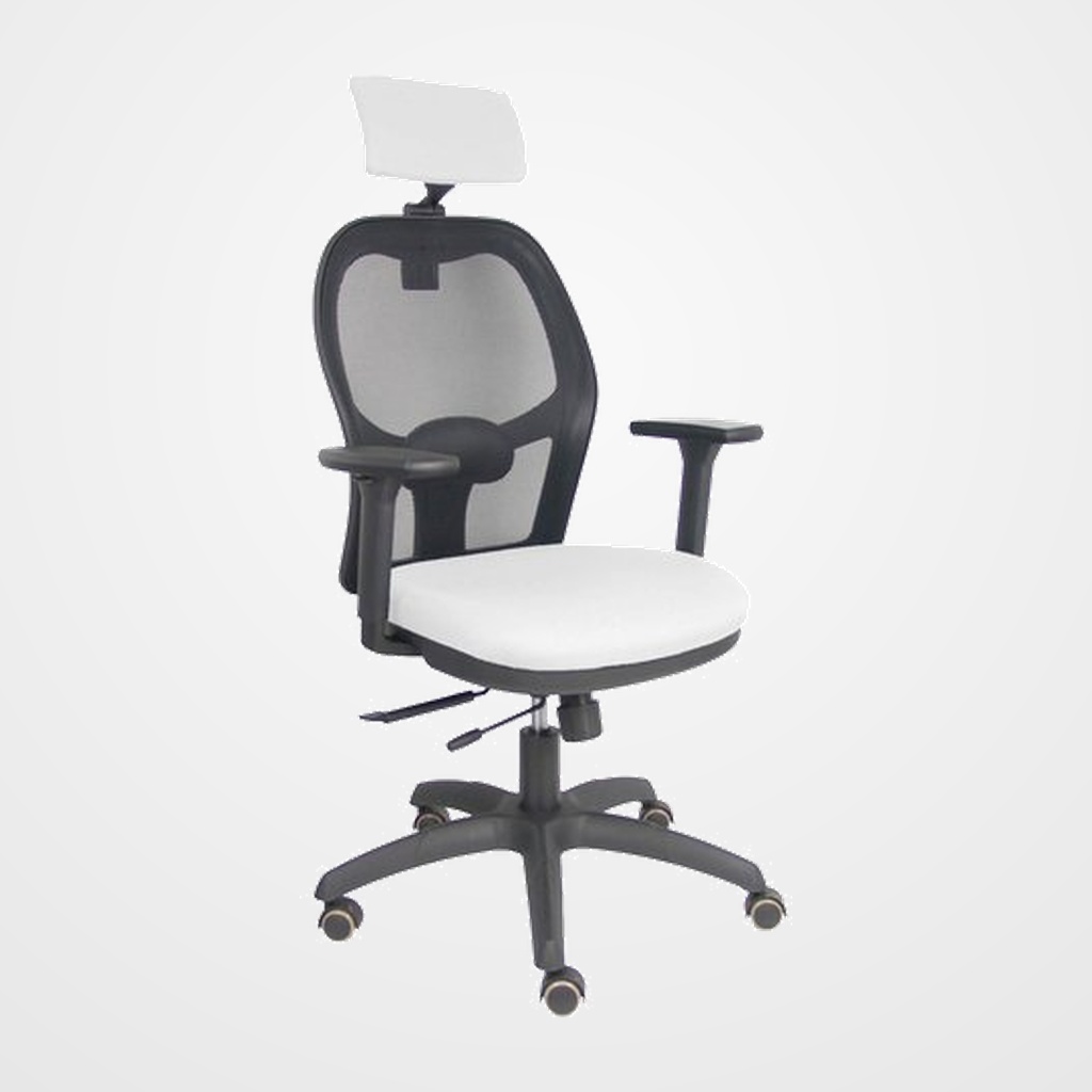 SILLA PIQUERAS Y CRESPO JORQUERA BRAZOS 3D Y CABECERO REGULABLES MECANISMO SINCRO CON TRASLACK RUEDAS PARQUET RESPALDO DE MALLA NEGRA Y ASIENTO TAPIZADO BALI BLANCO
