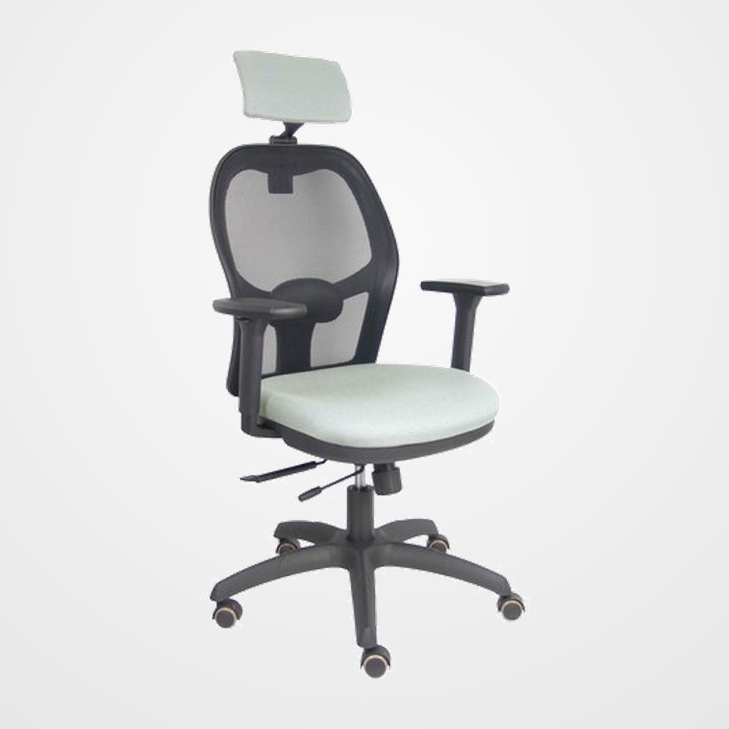 SILLA PIQUERAS Y CRESPO JORQUERA BRAZOS 3D Y CABECERO REGULABLES MECANISMO SINCRO CON TRASLACK RUEDAS PARQUET RESPALDO DE MALLA NEGRA Y ASIENTO TAPIZADO BALI GRIS CLARO