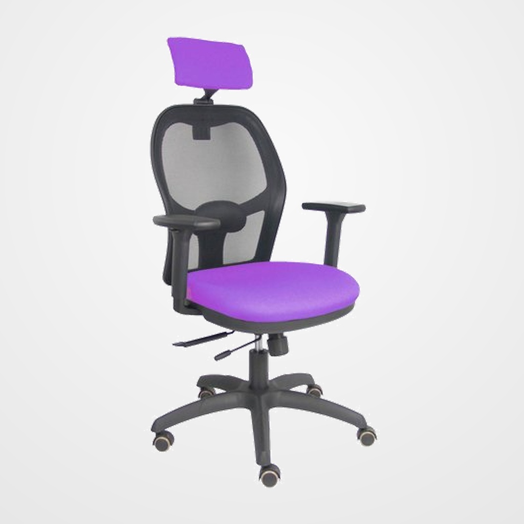 SILLA PIQUERAS Y CRESPO JORQUERA BRAZOS 3D Y CABECERO REGULABLES MECANISMO SINCRO CON TRASLACK RUEDAS PARQUET RESPALDO DE MALLA NEGRA Y ASIENTO TAPIZADO BALI LILA
