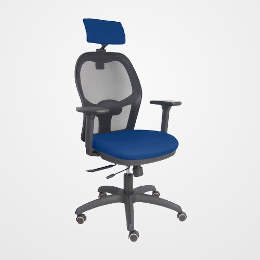 SILLA PIQUERAS Y CRESPO JORQUERA BRAZOS 3D Y CABECERO REGULABLES MECANISMO SINCRO CON TRASLACK RUEDAS PARQUET RESPALDO DE MALLA NEGRA Y ASIENTO TAPIZADO BALI MARINO