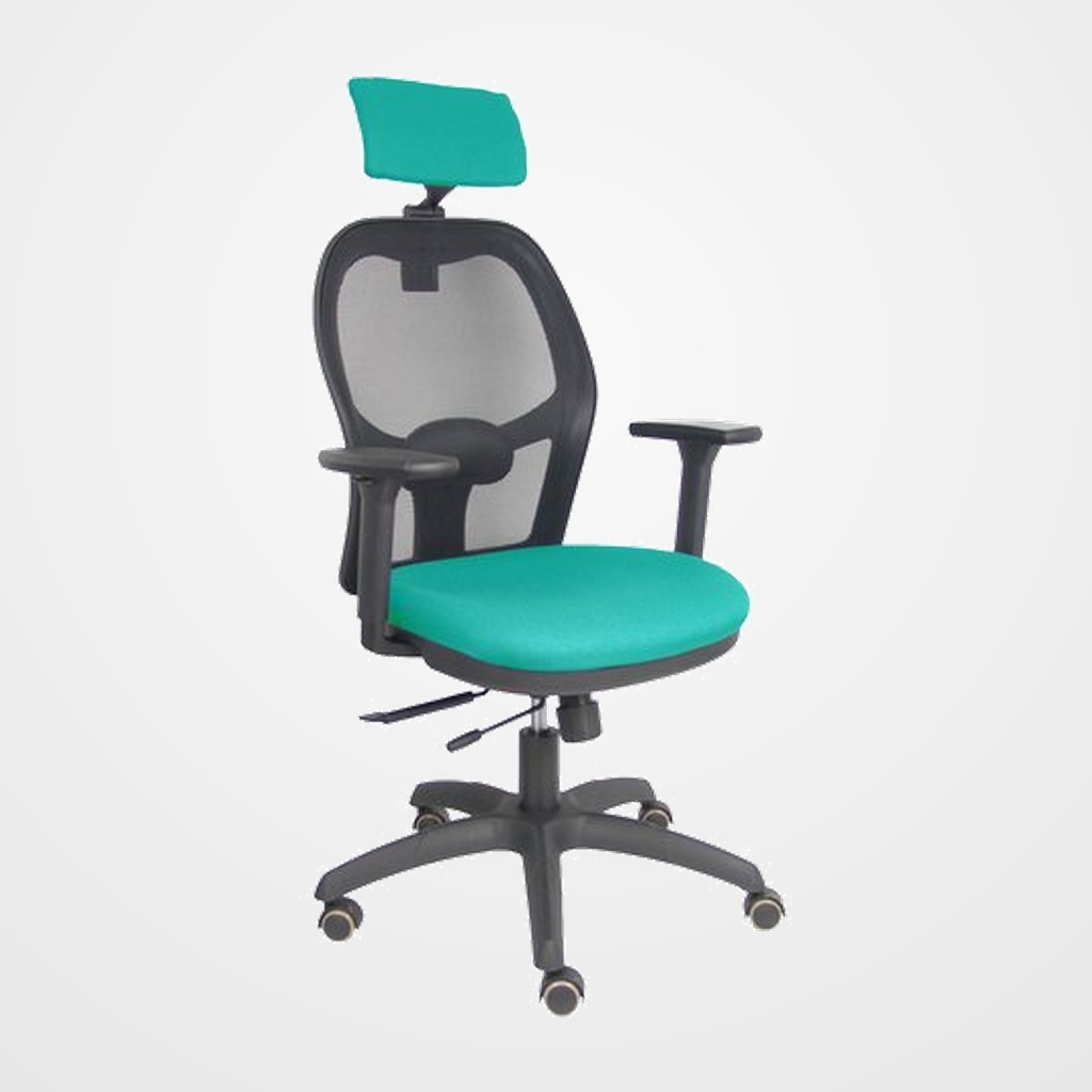 SILLA PIQUERAS Y CRESPO JORQUERA BRAZOS 3D Y CABECERO REGULABLES MECANISMO SINCRO CON TRASLACK RUEDAS PARQUET RESPALDO DE MALLA NEGRA Y ASIENTO TAPIZADO BALI TURQUESA