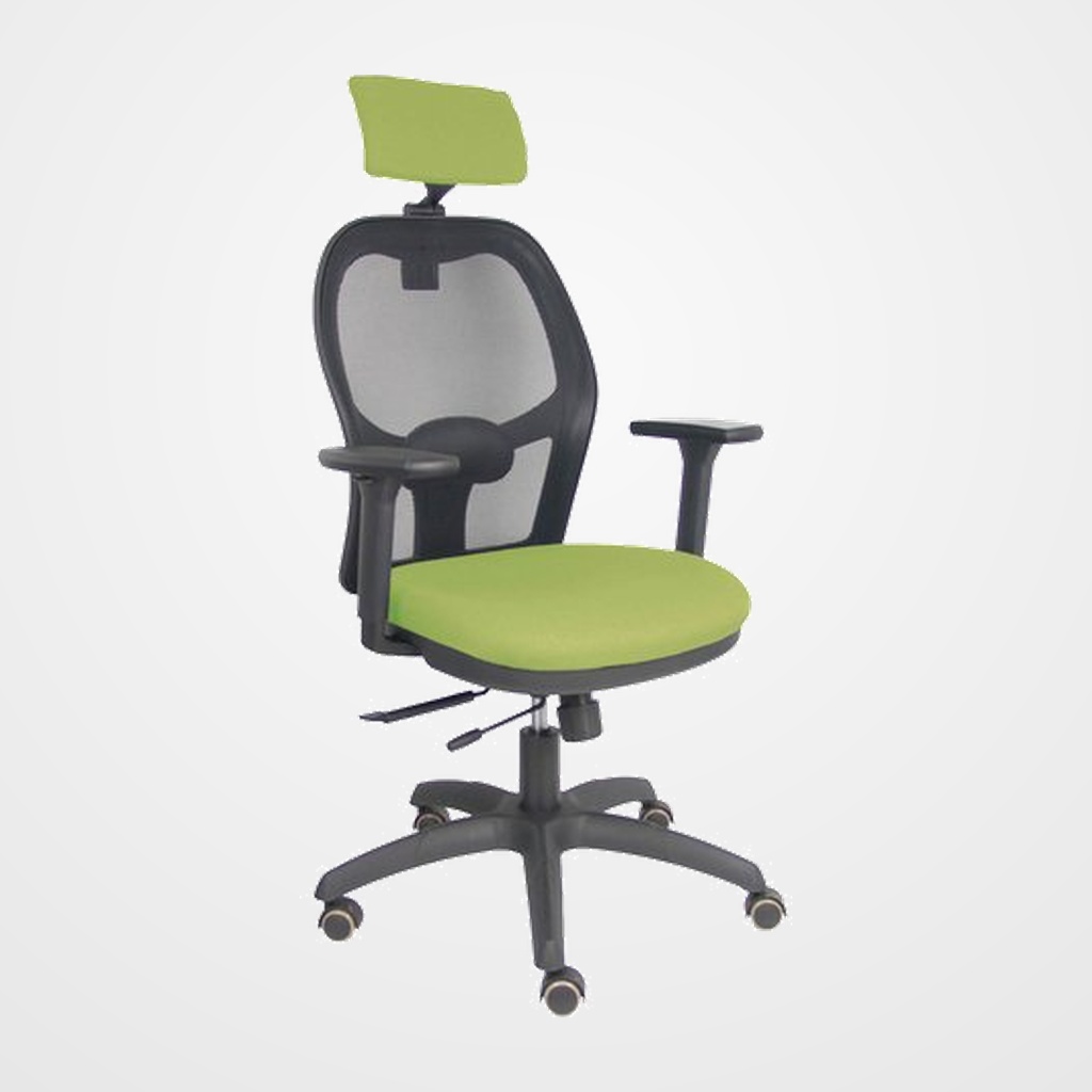SILLA PIQUERAS Y CRESPO JORQUERA BRAZOS 3D Y CABECERO REGULABLES MECANISMO SINCRO CON TRASLACK RUEDAS PARQUET RESPALDO DE MALLA NEGRA Y ASIENTO TAPIZADO BALI VERDE OLIVA