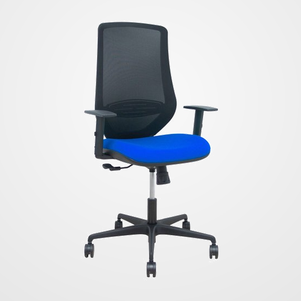 SILLA PIQUERAS Y CRESPO MARDOS BRAZOS REGULABLES ERGONOMICA MECANISMO BASCULANTE RESPALDO MALLA NEGRA ASIENTO TAPIZADO BALI AZUL