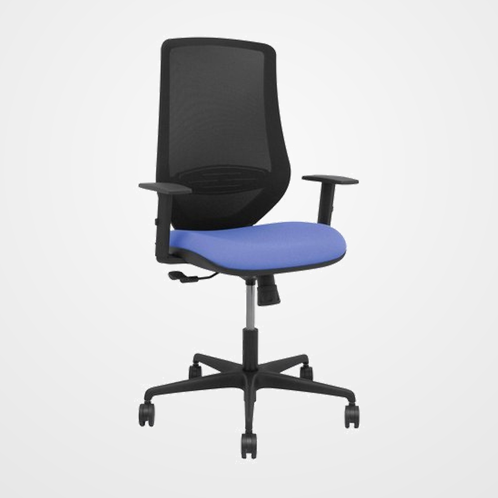 SILLA PIQUERAS Y CRESPO MARDOS BRAZOS REGULABLES ERGONOMICA MECANISMO BASCULANTE RESPALDO MALLA NEGRA ASIENTO TAPIZADO BALI AZUL CLARO