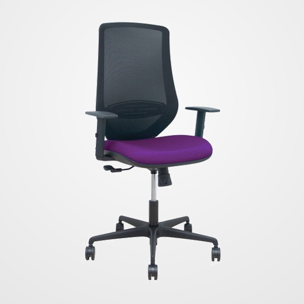 SILLA PIQUERAS Y CRESPO MARDOS BRAZOS REGULABLES ERGONOMICA MECANISMO BASCULANTE RESPALDO MALLA NEGRA ASIENTO TAPIZADO BALI MORADO