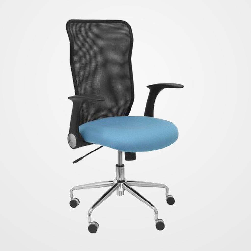 SILLA PIQUERAS Y CRESPO MINAYA BRAZOS RETRACTILES MECANISMO BASCULANTE ERGONOMICA RESPALDO MALLA TRANSPIRABLE NEGRA ASIENTO TAPIZADO BALI AZUL CIELO