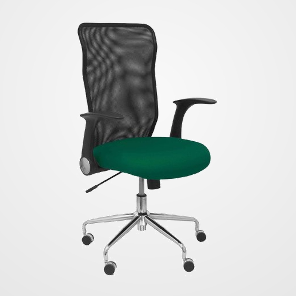 SILLA PIQUERAS Y CRESPO MINAYA BRAZOS RETRACTILES MECANISMO BASCULANTE ERGONOMICA RESPALDO MALLA TRANSPIRABLE NEGRA ASIENTO TAPIZADO BALI VERDE BOTELLA