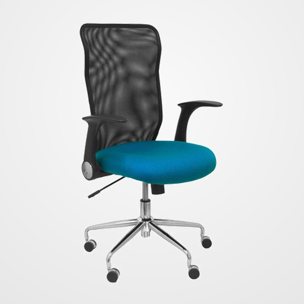 SILLA PIQUERAS Y CRESPO MINAYA BRAZOS RETRACTILES MECANISMO BASCULANTE ERGONOMICA RESPALDO MALLA TRANSPIRABLE NEGRA ASIENTO TAPIZADO BALI VERDE PETROLEO