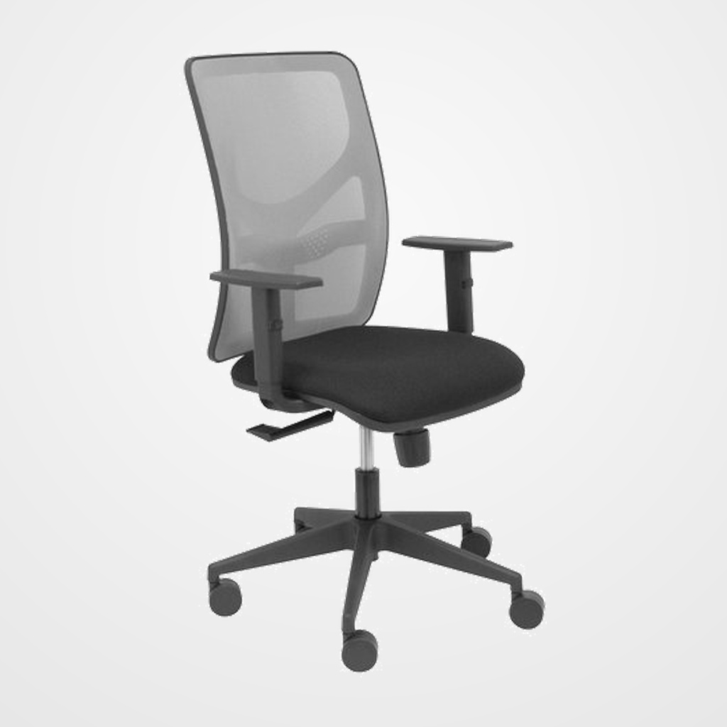 SILLA PIQUERAS Y CRESPO MOTILLA BRAZOS REGULABLES MECANISMO SINCRO CON REGULADOR DE TENSION RESPALDO DE MALLA GRIS Y ASIENTO TAPIZADO BALI NEGRO