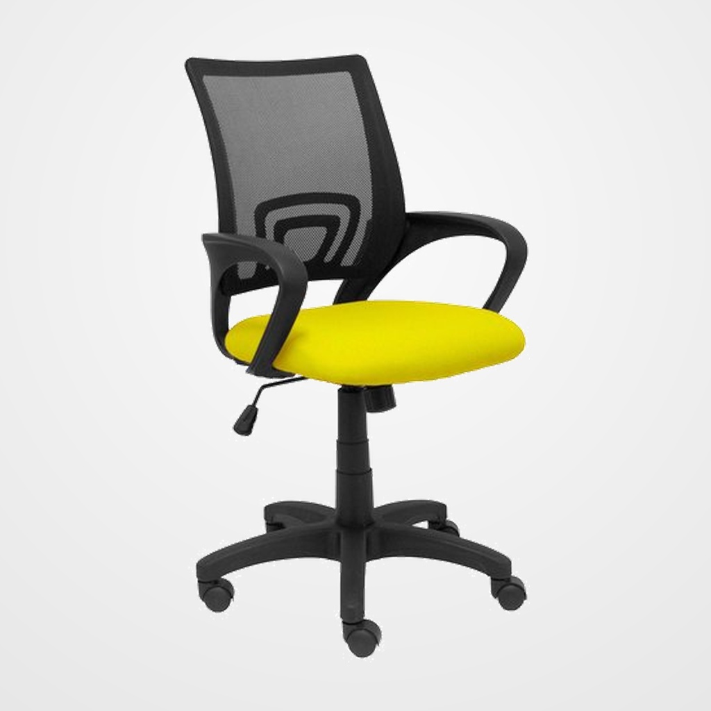 SILLA PIQUERAS Y CRESPO VIANOS BRAZOS FIJOS MECANISMO BASCULANTE CON REGULADOR DE PRESION ELEVACION DEL ASIENTO EN ALTURA RUEDAS NYLON RESPALDO MALLA TRANSPIRABLE NEGRA Y TAPIZADO BALI AMARILLO