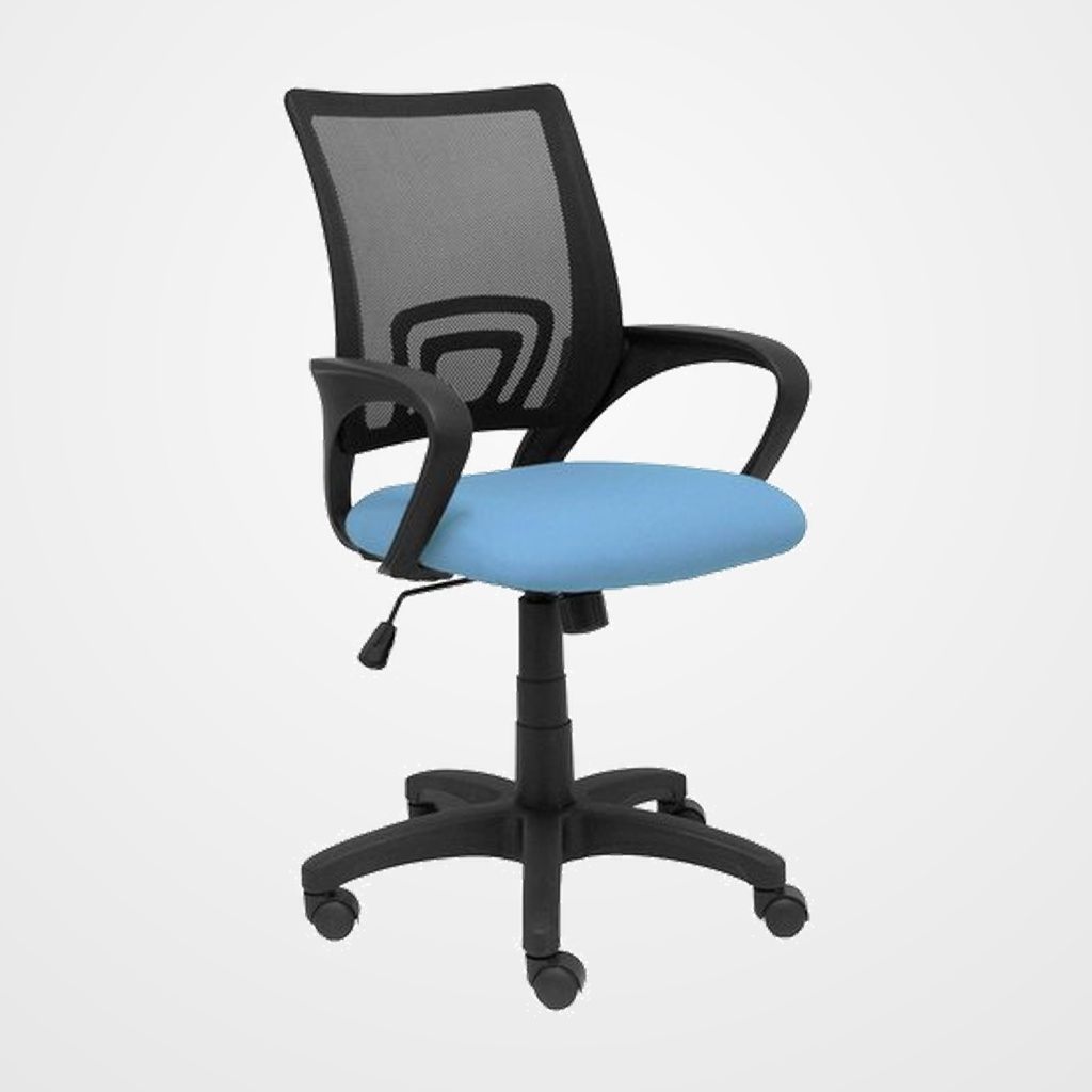 SILLA PIQUERAS Y CRESPO VIANOS BRAZOS FIJOS MECANISMO BASCULANTE CON REGULADOR DE PRESION ELEVACION DEL ASIENTO EN ALTURA RUEDAS NYLON RESPALDO MALLA TRANSPIRABLE NEGRA Y TAPIZADO BALI AZUL CIELO