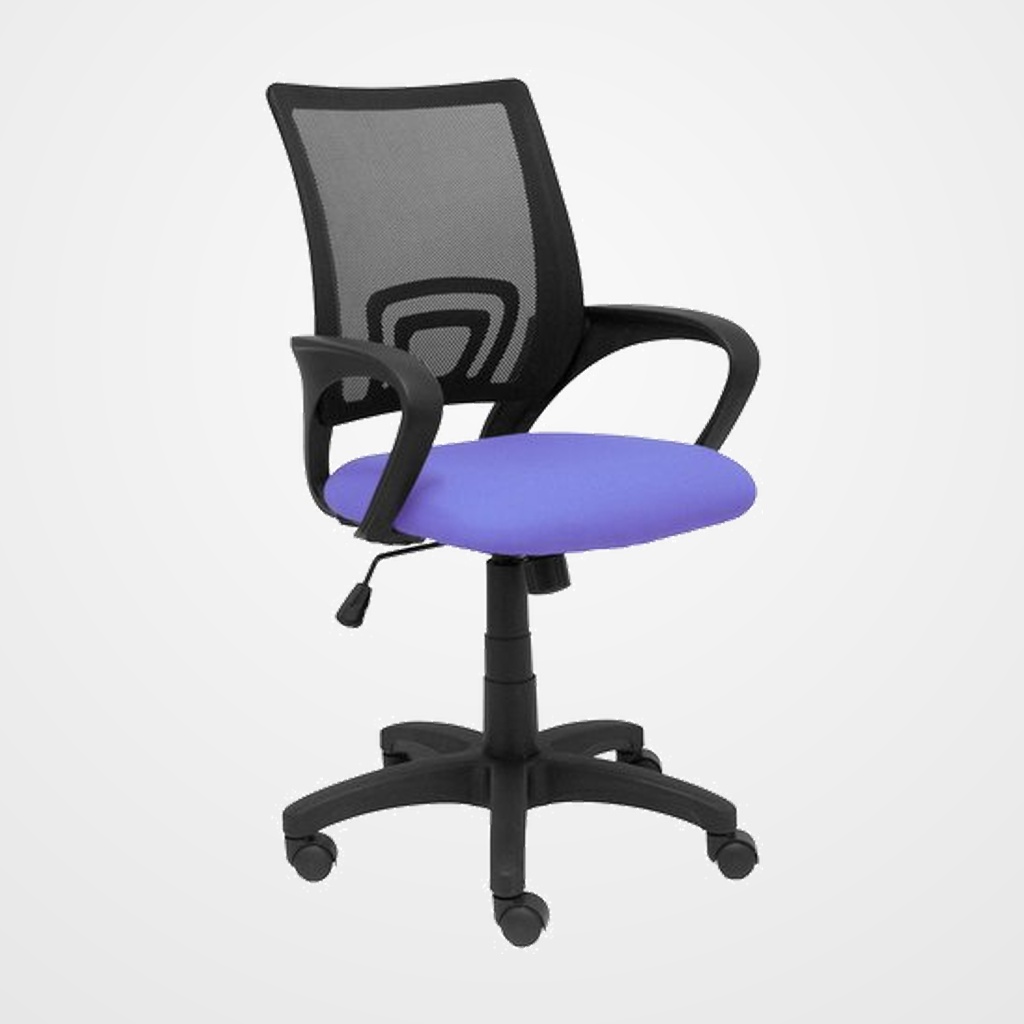 SILLA PIQUERAS Y CRESPO VIANOS BRAZOS FIJOS MECANISMO BASCULANTE CON REGULADOR DE PRESION ELEVACION DEL ASIENTO EN ALTURA RUEDAS NYLON RESPALDO MALLA TRANSPIRABLE NEGRA Y TAPIZADO BALI AZUL CLARO