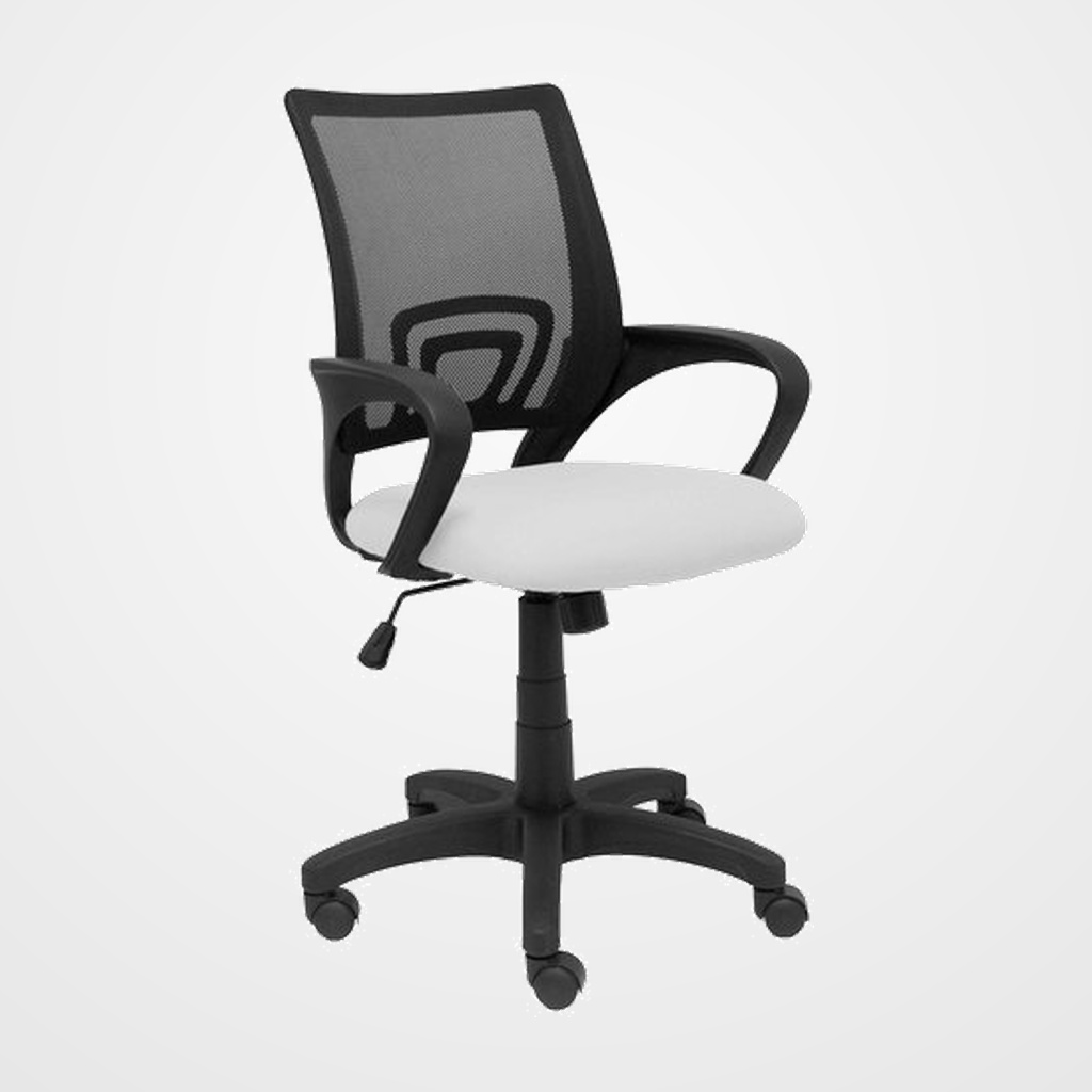 SILLA PIQUERAS Y CRESPO VIANOS BRAZOS FIJOS MECANISMO BASCULANTE CON REGULADOR DE PRESION ELEVACION DEL ASIENTO EN ALTURA RUEDAS NYLON RESPALDO MALLA TRANSPIRABLE NEGRA Y TAPIZADO BALI BLANCO
