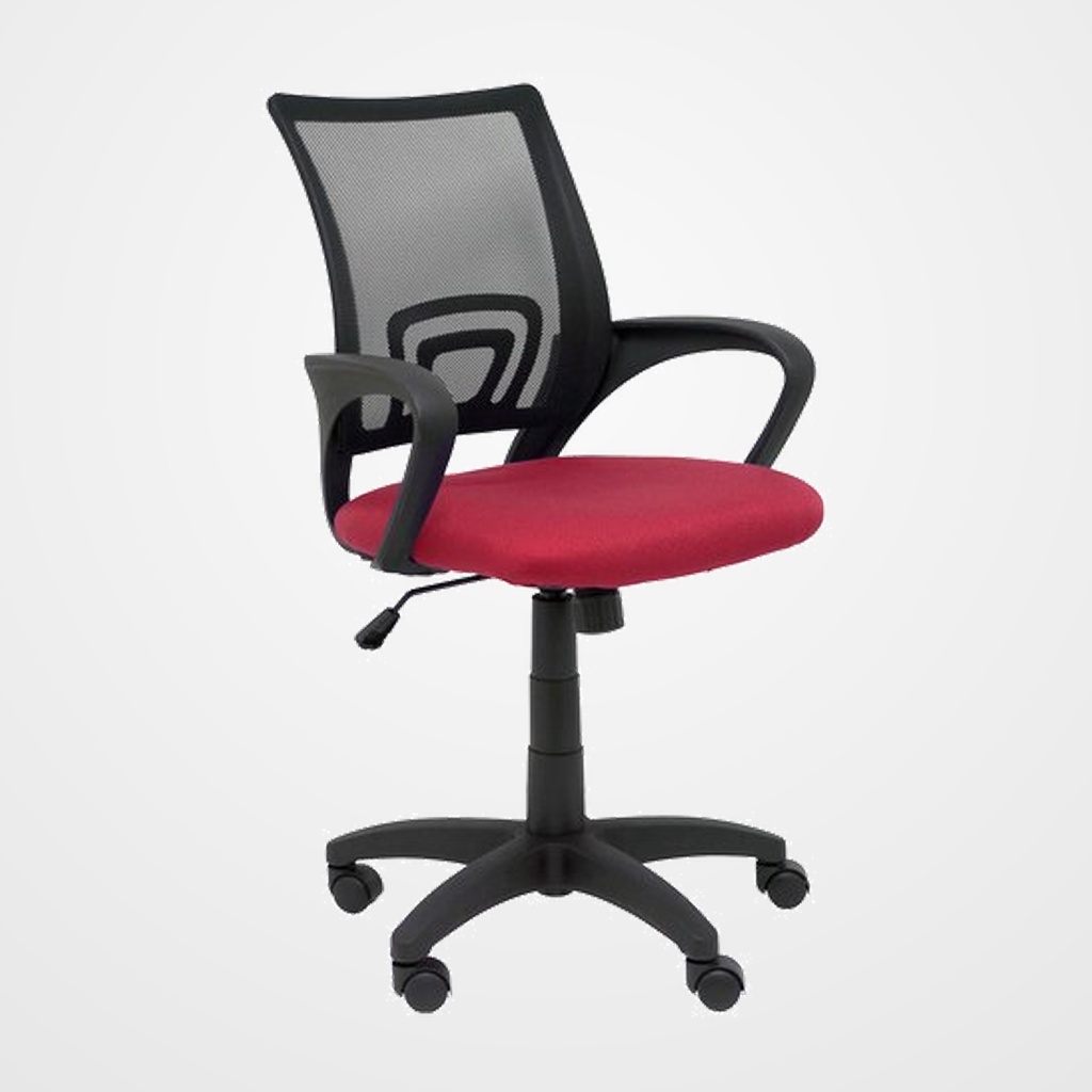 SILLA PIQUERAS Y CRESPO VIANOS BRAZOS FIJOS MECANISMO BASCULANTE CON REGULADOR DE PRESION ELEVACION DEL ASIENTO EN ALTURA RUEDAS NYLON RESPALDO MALLA TRANSPIRABLE NEGRA Y TAPIZADO BALI GRANATE