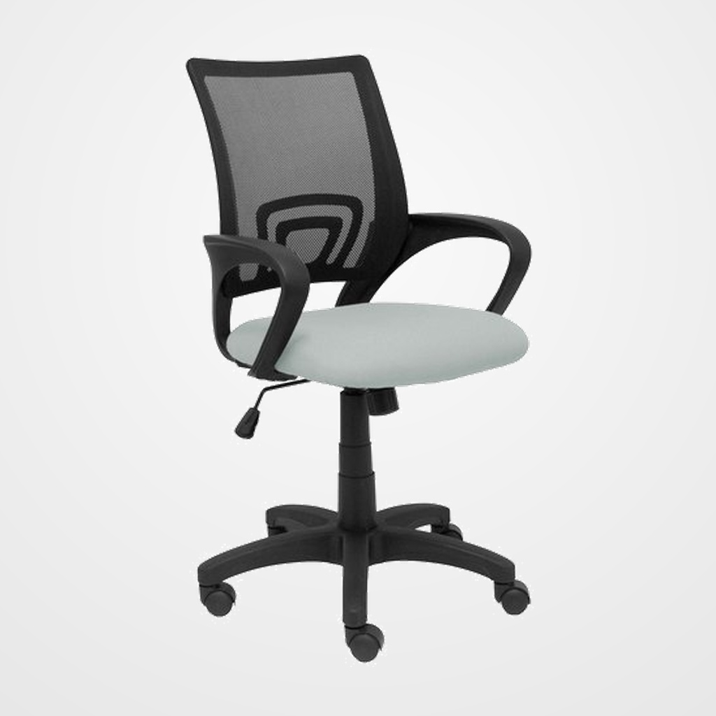 SILLA PIQUERAS Y CRESPO VIANOS BRAZOS FIJOS MECANISMO BASCULANTE CON REGULADOR DE PRESION ELEVACION DEL ASIENTO EN ALTURA RUEDAS NYLON RESPALDO MALLA TRANSPIRABLE NEGRA Y TAPIZADO BALI GRIS CLARO