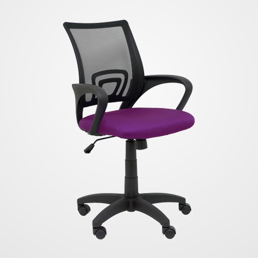 SILLA PIQUERAS Y CRESPO VIANOS BRAZOS FIJOS MECANISMO BASCULANTE CON REGULADOR DE PRESION ELEVACION DEL ASIENTO EN ALTURA RUEDAS NYLON RESPALDO MALLA TRANSPIRABLE NEGRA Y TAPIZADO BALI MORADO