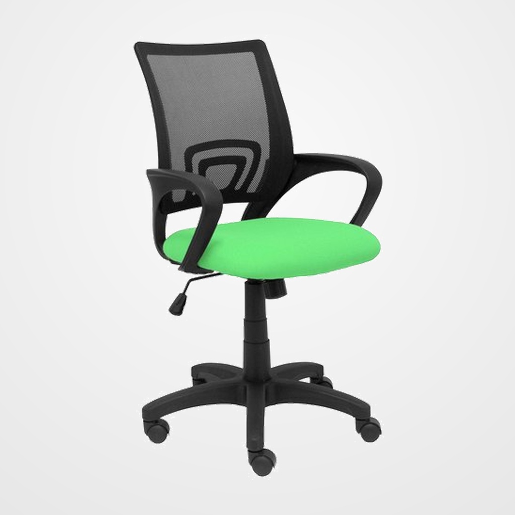 SILLA PIQUERAS Y CRESPO VIANOS BRAZOS FIJOS MECANISMO BASCULANTE CON REGULADOR DE PRESION ELEVACION DEL ASIENTO EN ALTURA RUEDAS NYLON RESPALDO MALLA TRANSPIRABLE NEGRA Y TAPIZADO BALI PISTACHO