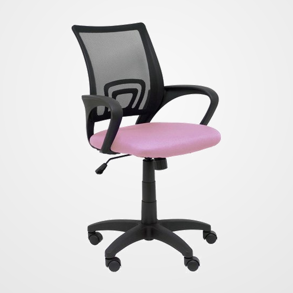 SILLA PIQUERAS Y CRESPO VIANOS BRAZOS FIJOS MECANISMO BASCULANTE CON REGULADOR DE PRESION ELEVACION DEL ASIENTO EN ALTURA RUEDAS NYLON RESPALDO MALLA TRANSPIRABLE NEGRA Y TAPIZADO BALI ROSA