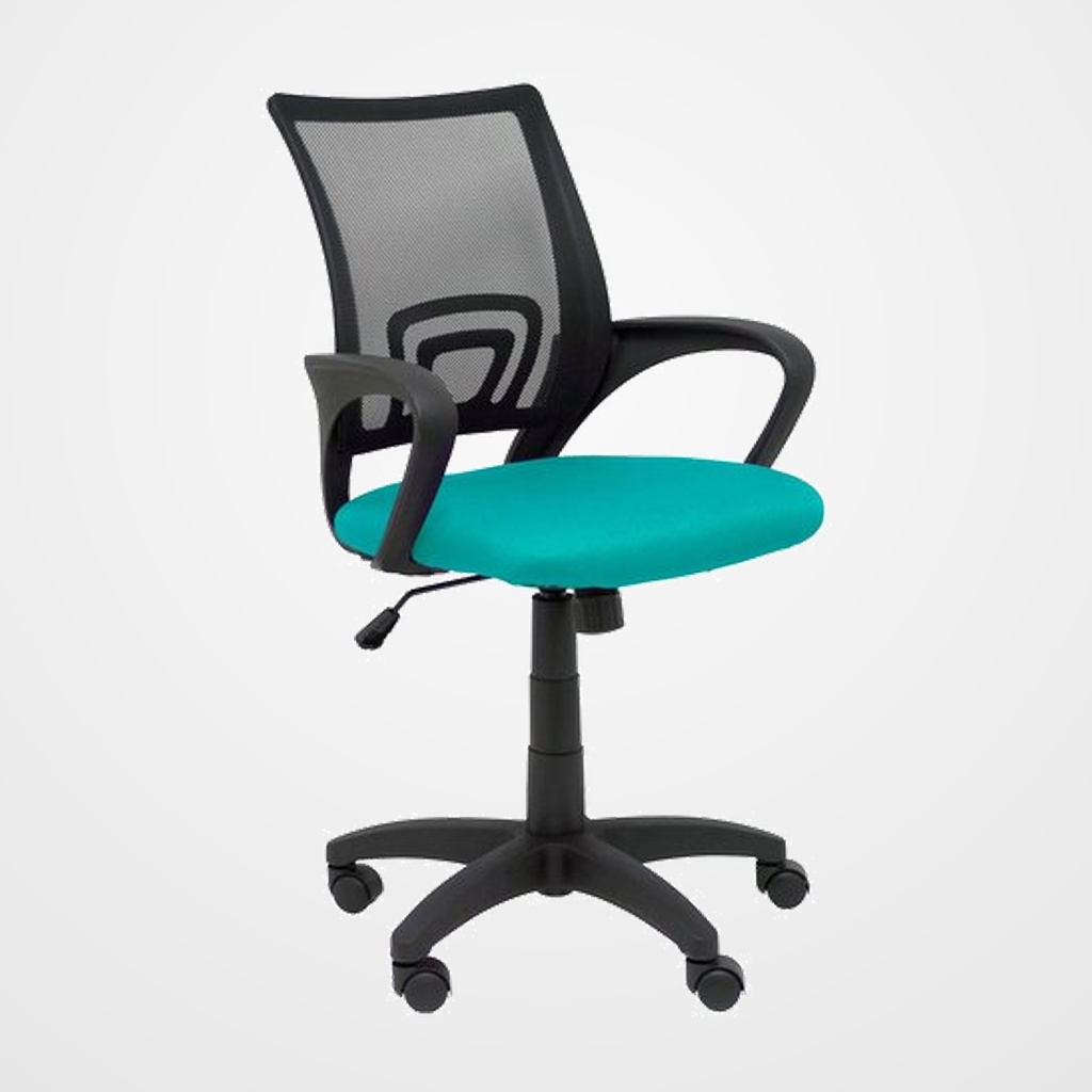 SILLA PIQUERAS Y CRESPO VIANOS BRAZOS FIJOS MECANISMO BASCULANTE CON REGULADOR DE PRESION ELEVACION DEL ASIENTO EN ALTURA RUEDAS NYLON RESPALDO MALLA TRANSPIRABLE NEGRA Y TAPIZADO BALI TURQUESA