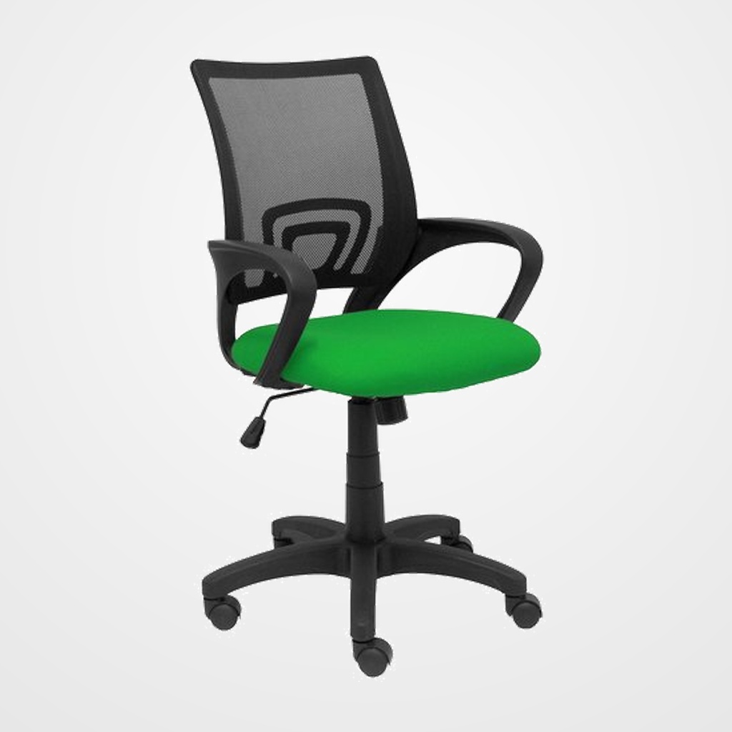 SILLA PIQUERAS Y CRESPO VIANOS BRAZOS FIJOS MECANISMO BASCULANTE CON REGULADOR DE PRESION ELEVACION DEL ASIENTO EN ALTURA RUEDAS NYLON RESPALDO MALLA TRANSPIRABLE NEGRA Y TAPIZADO BALI VERDE