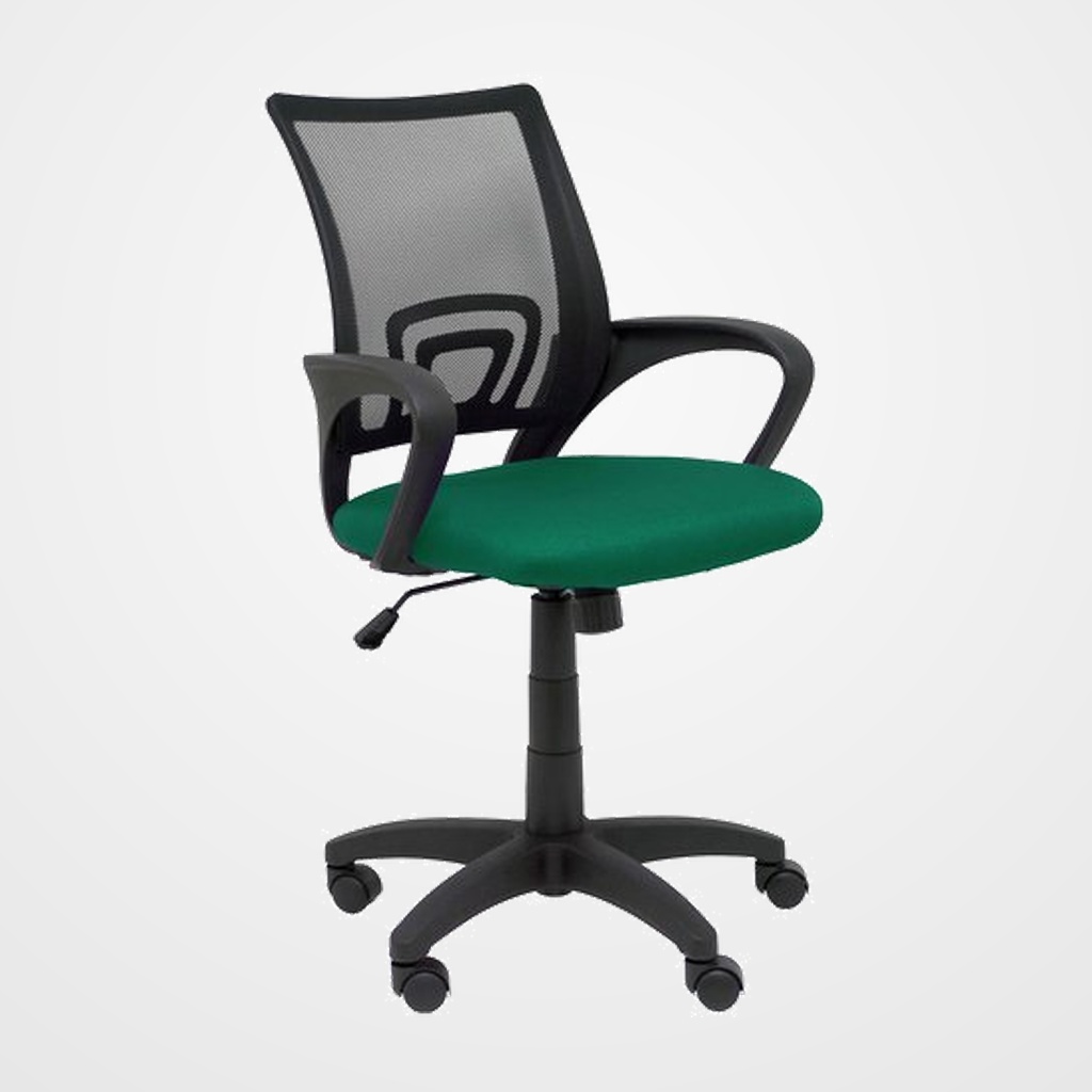 SILLA PIQUERAS Y CRESPO VIANOS BRAZOS FIJOS MECANISMO BASCULANTE CON REGULADOR DE PRESION ELEVACION DEL ASIENTO EN ALTURA RUEDAS NYLON RESPALDO MALLA TRANSPIRABLE NEGRA Y TAPIZADO BALI VERDE BOTELLA