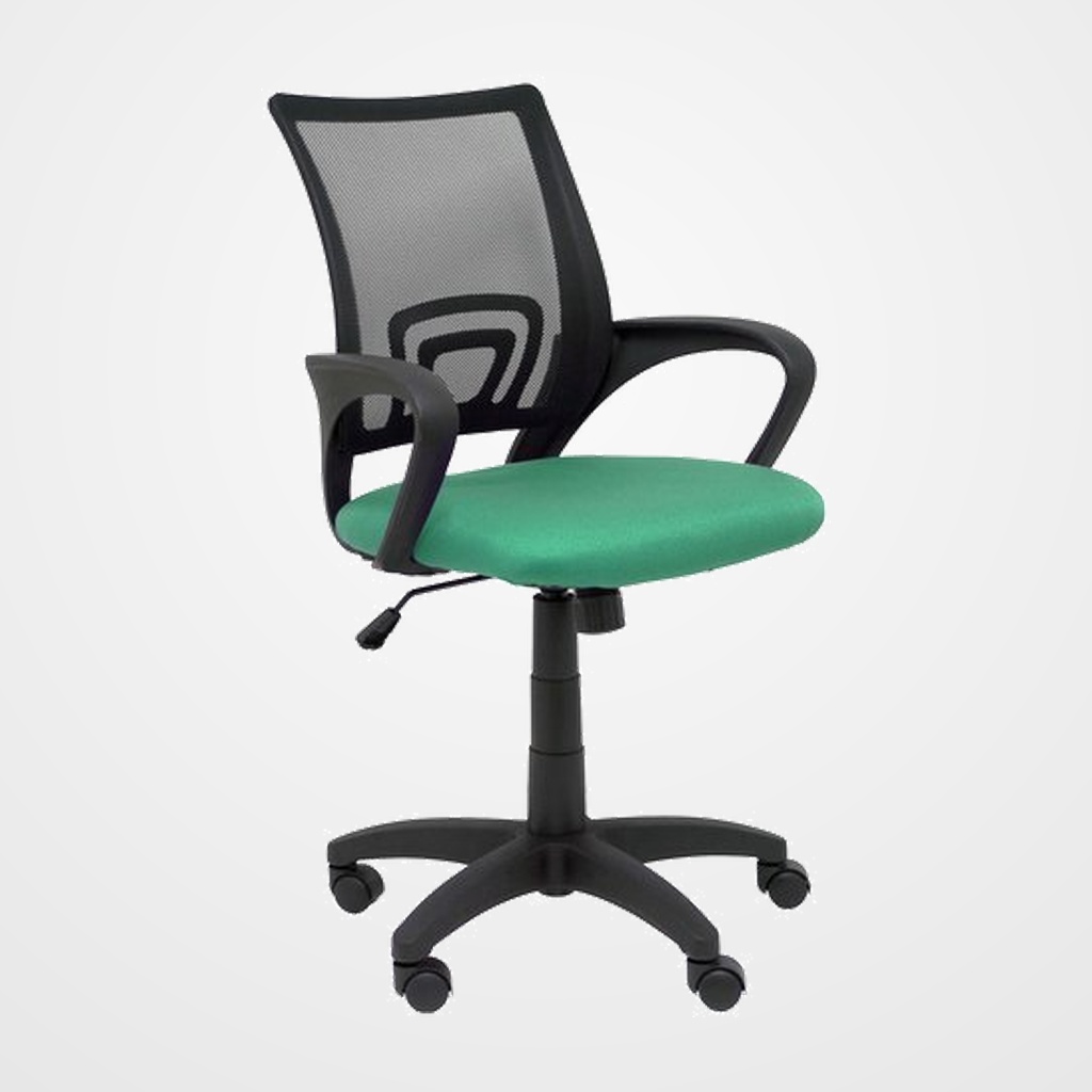 SILLA PIQUERAS Y CRESPO VIANOS BRAZOS FIJOS MECANISMO BASCULANTE CON REGULADOR DE PRESION ELEVACION DEL ASIENTO EN ALTURA RUEDAS NYLON RESPALDO MALLA TRANSPIRABLE NEGRA Y TAPIZADO BALI VERDE ESMERALDA