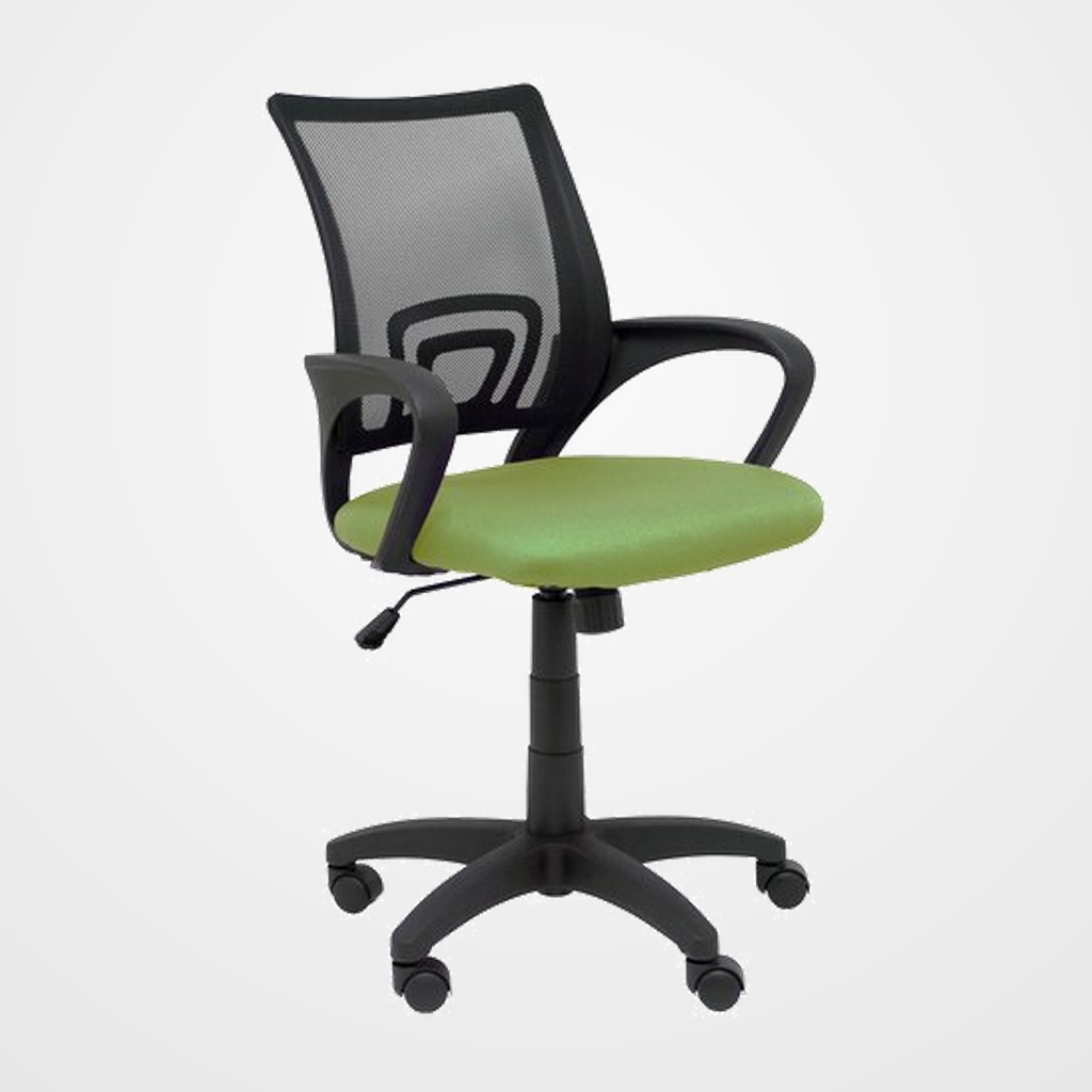 SILLA PIQUERAS Y CRESPO VIANOS BRAZOS FIJOS MECANISMO BASCULANTE CON REGULADOR DE PRESION ELEVACION DEL ASIENTO EN ALTURA RUEDAS NYLON RESPALDO MALLA TRANSPIRABLE NEGRA Y TAPIZADO BALI VERDE OLIVA
