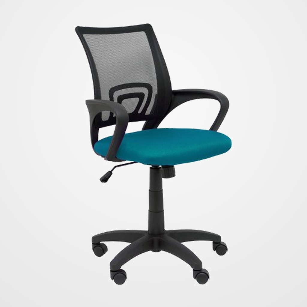 SILLA PIQUERAS Y CRESPO VIANOS BRAZOS FIJOS MECANISMO BASCULANTE CON REGULADOR DE PRESION ELEVACION DEL ASIENTO EN ALTURA RUEDAS NYLON RESPALDO MALLA TRANSPIRABLE NEGRA Y TAPIZADO BALI VERDE PETROLEO