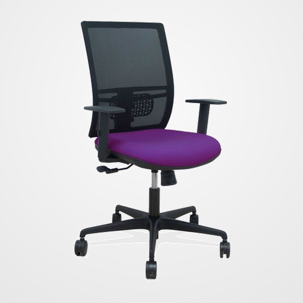 SILLA PIQUERAS Y CRESPO YUNQUERA BRAZOS REGULABLE ERGONOMICA MECANISMO SINCRO RESPALDO MALLA NEGRA ASIENTO TAPIZADO BALI MORADO